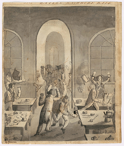 Battle in Commons Hall [drawing, 1819] by William Henry Furness, courtesy Harvard University Archives