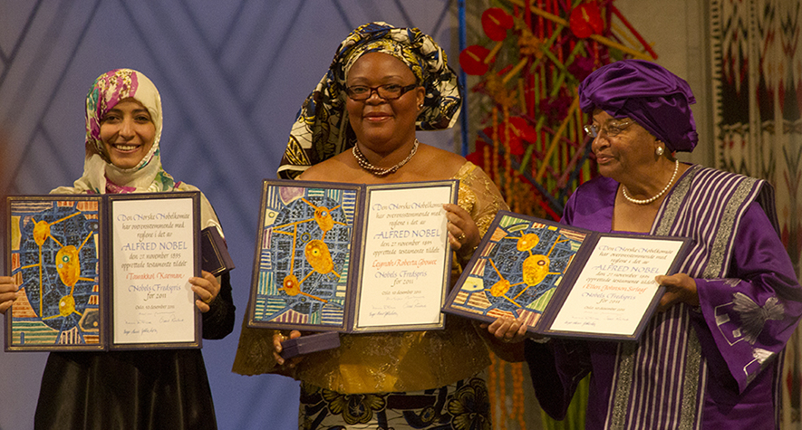 2011 Nobel Peace Prize winners Tawakkol Karman, left, Leymah Gbowee, center, and Ellen Johnson Sirleaf. / Photo: Pierre Hauser