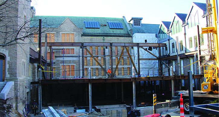 Construction at Swartz Hall on the new multiuse space and proposed café in early 2020.